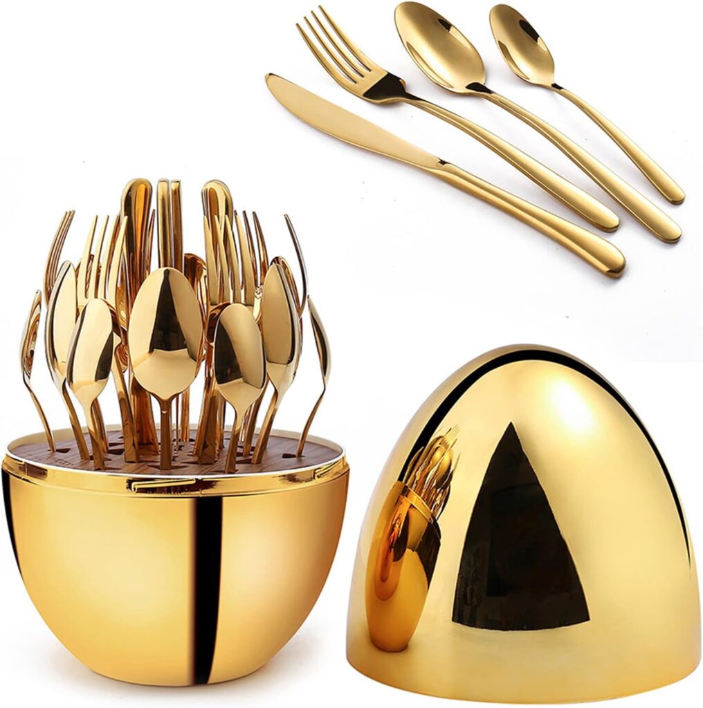 24 Piece Silverware Set Service for 6,Premium Stainless Steel Flatware Set,Durable Home Kitchen Eating Flatware Set,Include Fork Knife Spoon Set with Egg-Shaped Tableware Storage Box(Gold)