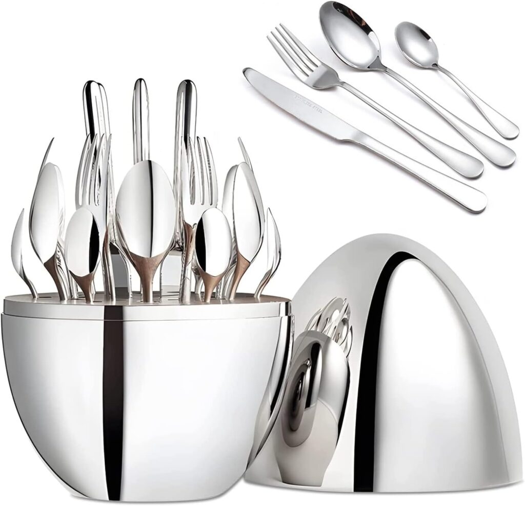 24 Piece Silverware Set Service for 6,Premium Stainless Steel Flatware Set,Durable Home Kitchen Eating Flatware Set,Include Fork Knife Spoon Set with Egg-Shaped Tableware Storage Box(Gold)