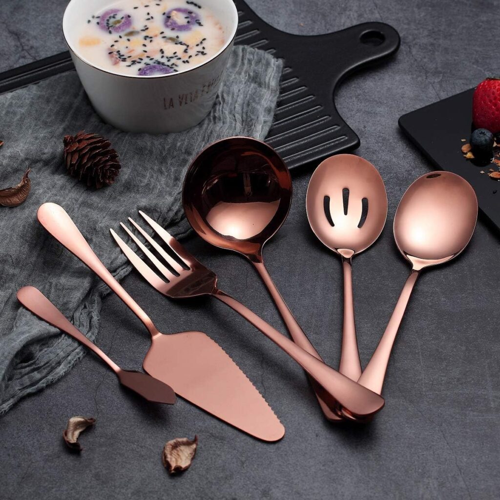 6-Piece Copper Serving Flatware Silverware Set,Stainless Steel Serving Utensil Set,Include Cake Server, Slotted Serving Spoon, Serving Spoon, Cold Meat Fork, Butter Knife, Soup Ladle