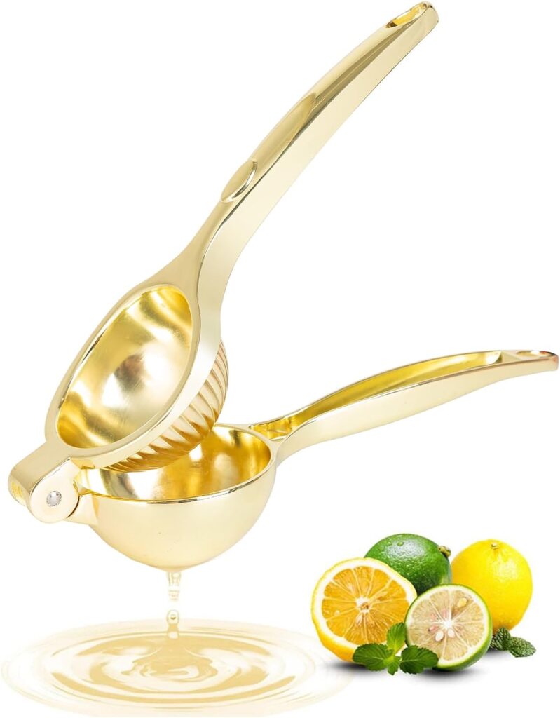 Agirlvct Lemon Squeezer, Heavy Duty Zinc Manual Lemon Juicer, Threaded Groove Fresh Small Oranges Limes Juicer Hand Press Manual Press for Home Restaurant Kitchen Accessories Utensils(Gold)