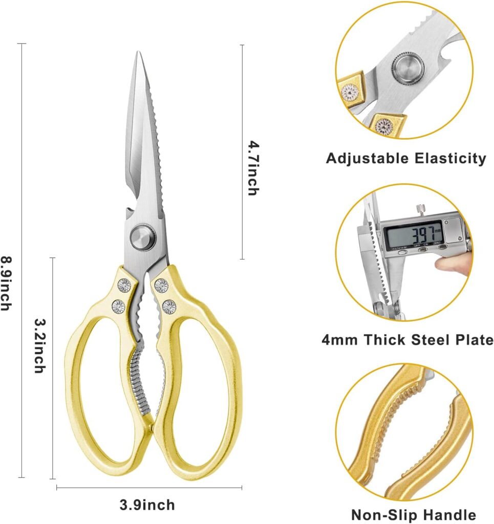 AWinjoy Kitchen Scissors, Heavy Duty Sharp Kitchen Shears Dishwasher Safe,Gold Kitchen Accessories Cooking Shears for Kitchen Meat Chicken Fish Poultry Herb Bread (Gold)