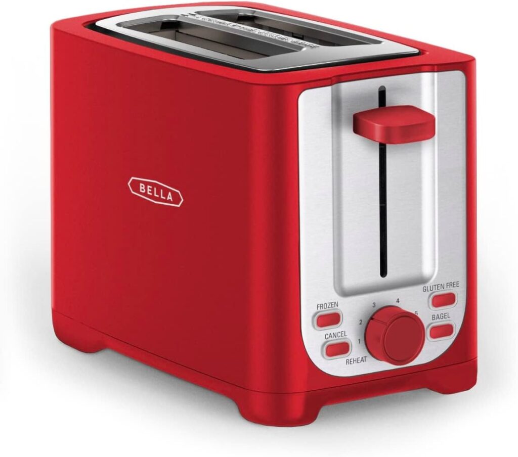 BELLA 2 Slice Toaster with Auto Shut Off - Extra Wide Slots  Removable Crumb Tray and Cancel, Defrost  Reheat Function - Toast Bread, Bagel  Waffle, Red