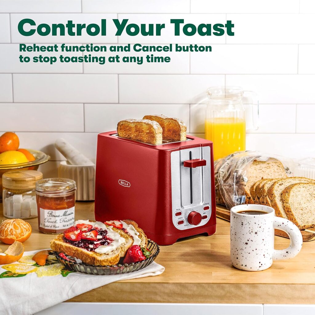 BELLA 2 Slice Toaster with Auto Shut Off - Extra Wide Slots  Removable Crumb Tray and Cancel, Defrost  Reheat Function - Toast Bread, Bagel  Waffle, Red