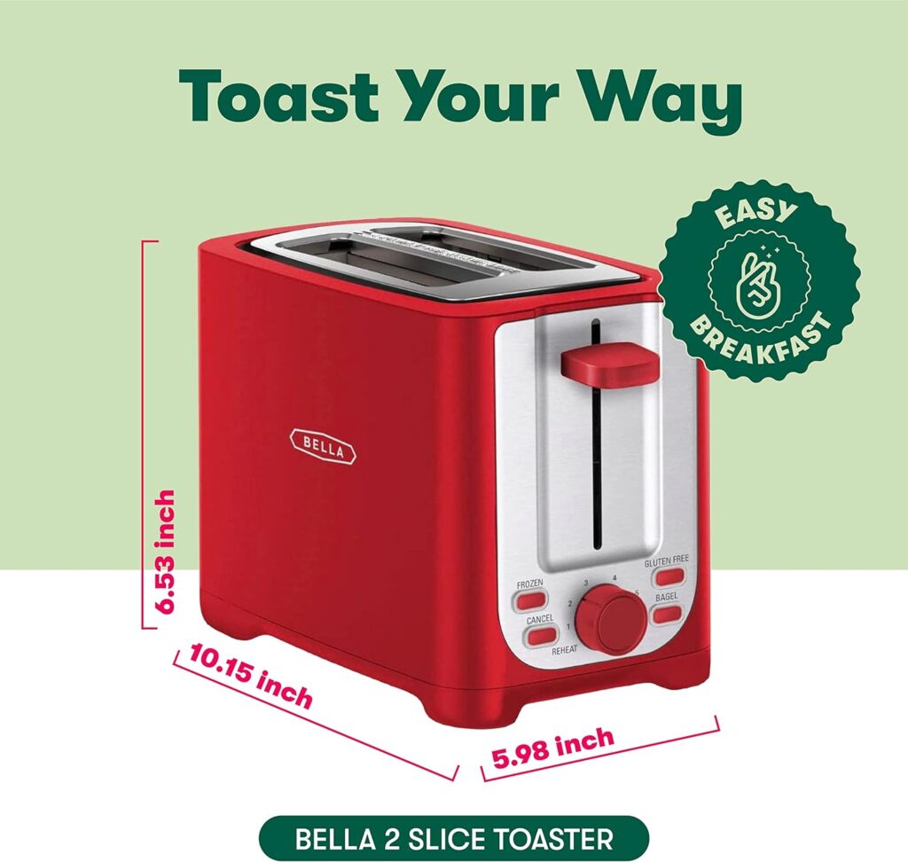 BELLA 2 Slice Toaster with Auto Shut Off - Extra Wide Slots  Removable Crumb Tray and Cancel, Defrost  Reheat Function - Toast Bread, Bagel  Waffle, Red