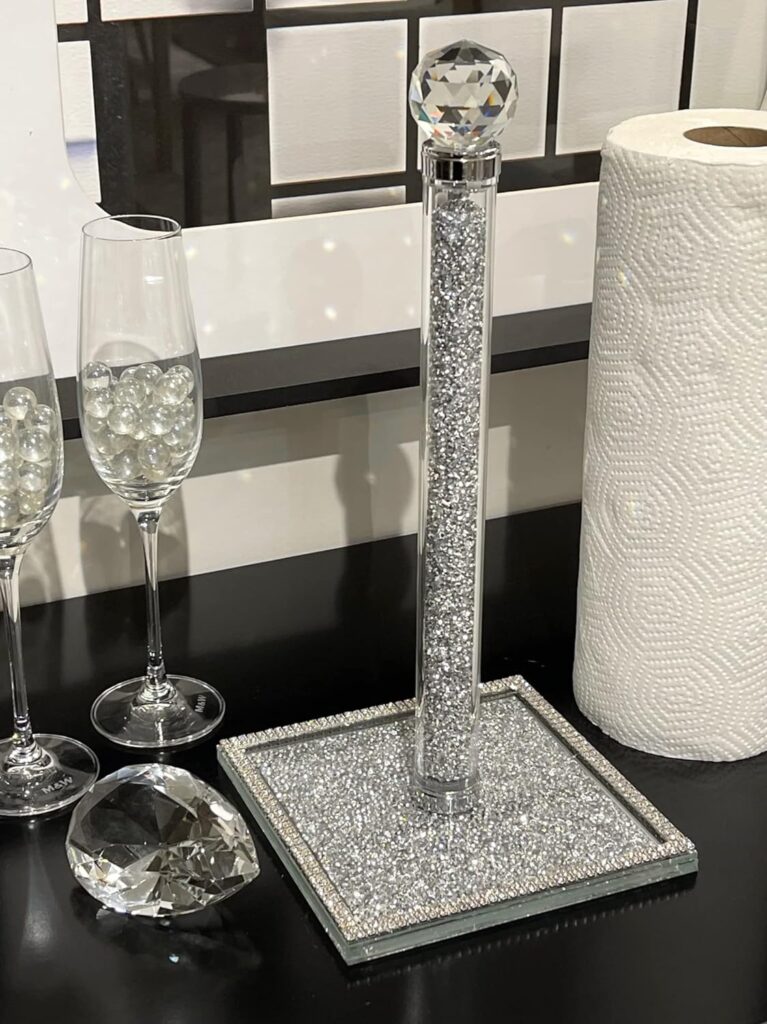 Bling Crystal Paper Towel Holder Roll Holder, Cute and Filled with Sparkly Crushed Diamonds, Stunning Silver, Mirrored Glass, Kitchen Countertop/Bathroom Tissue Holder, 13in x 6.3in