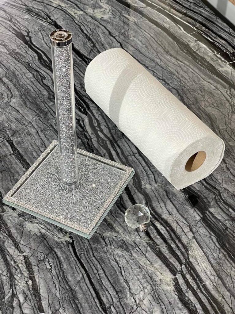 Bling Crystal Paper Towel Holder Roll Holder, Cute and Filled with Sparkly Crushed Diamonds, Stunning Silver, Mirrored Glass, Kitchen Countertop/Bathroom Tissue Holder, 13in x 6.3in