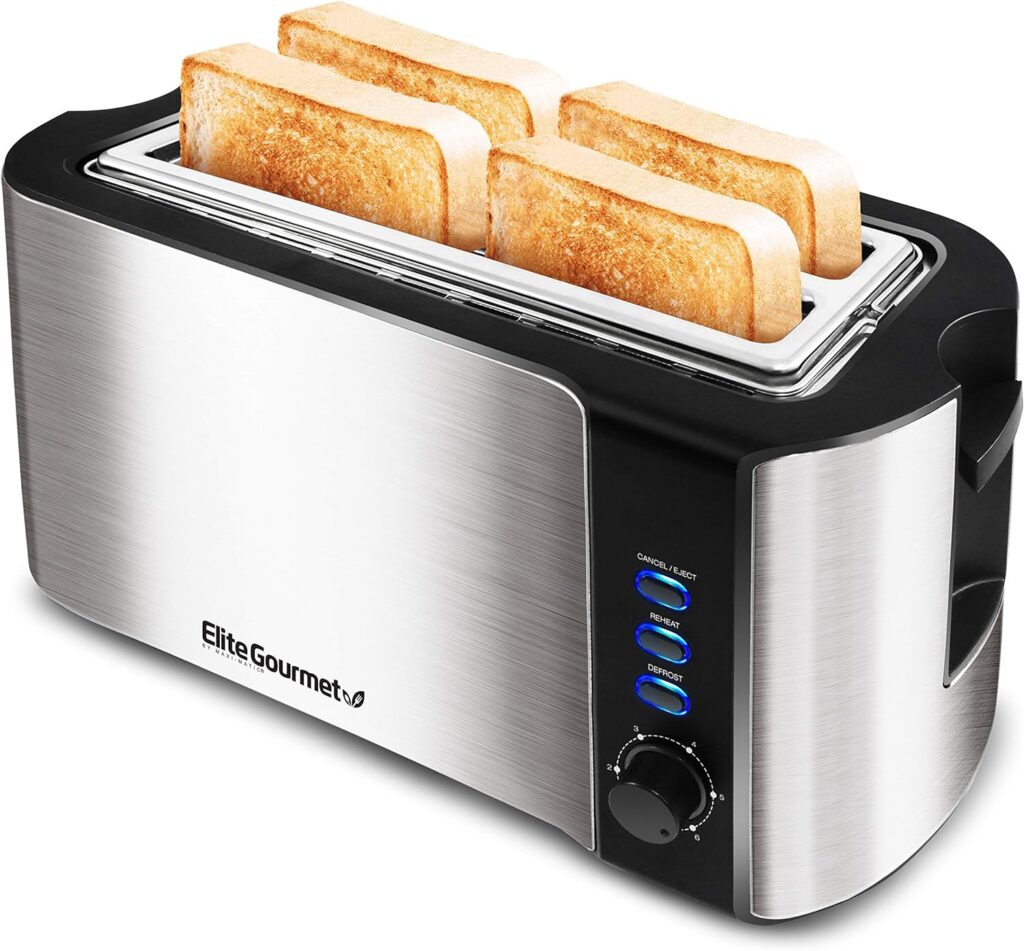 Elite Gourmet ECT-3100 Long Slot 4 Slice Toaster, Reheat, 6 Toast Settings, Defrost, Cancel Functions, Built-in Warming Rack, Extra Wide Slots for Bagels  Waffles, Stainless Steel  Black