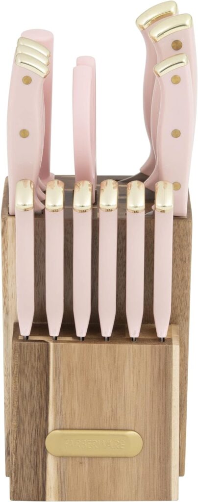 Farberware 15-Piece Triple Riveted Acacia Knife Block Set, High Carbon-Stainless Steel Kitchen Knives with Ergonomic Handles, Razor-Sharp Knife Set, Blush and Gold