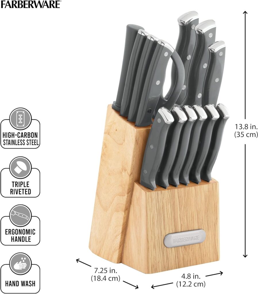 Farberware 15-Piece Triple Riveted Acacia Knife Block Set, High Carbon-Stainless Steel Kitchen Knives with Ergonomic Handles, Razor-Sharp Knife Set, Blush and Gold