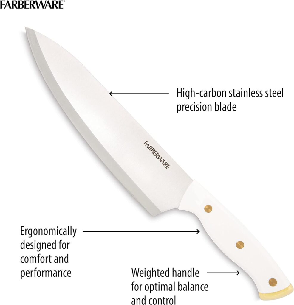 Farberware 15-Piece Triple Riveted Acacia Knife Block Set, High Carbon-Stainless Steel Kitchen Knives with Ergonomic Handles, Razor-Sharp Knife Set, Blush and Gold