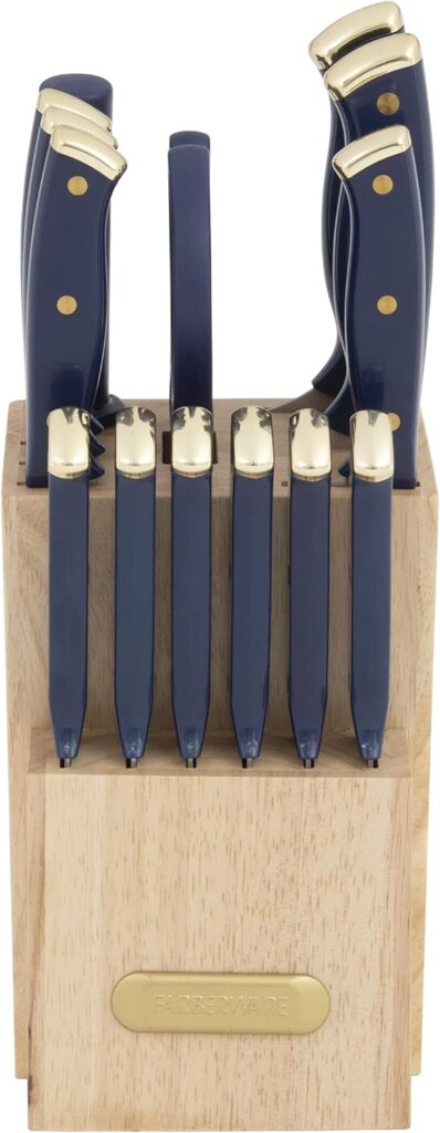 Farberware 15-Piece Triple Riveted Acacia Knife Block Set, High Carbon-Stainless Steel Kitchen Knives with Ergonomic Handles, Razor-Sharp Knife Set, Blush and Gold