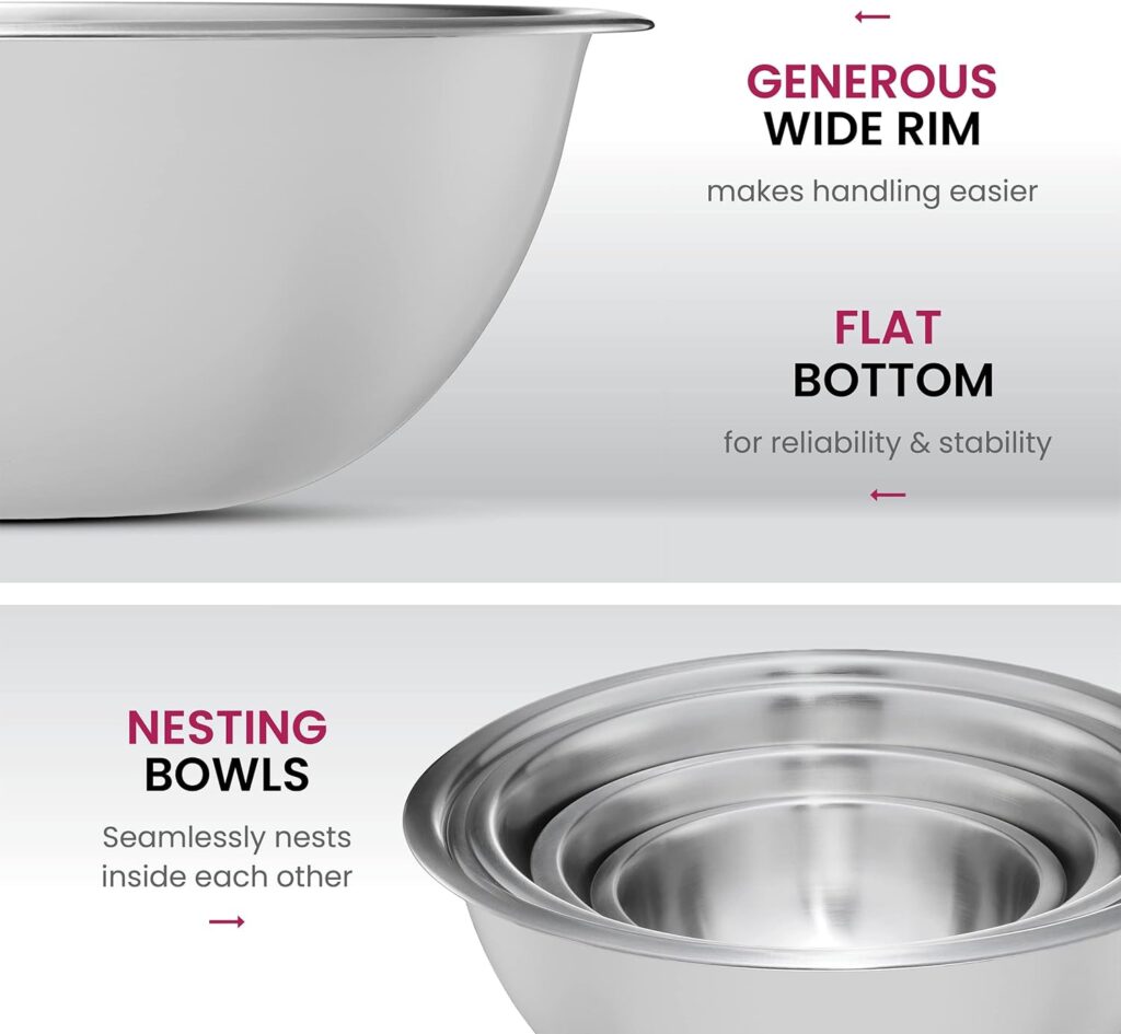 FineDine Stainless Steel Mixing Bowls (Set of 6) - Easy To Clean, Nesting Bowls for Space Saving Storage, Great for Cooking, Baking, Prepping