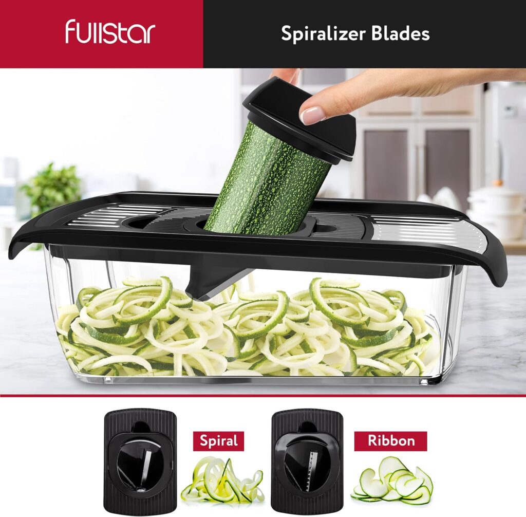 Fullstar Mandoline Slicer for Kitchen, Cheese Grater Vegetable Spiralizer and Veggie Slicer for Cooking  Meal Prep, Kitchen Gadgets Organizer  Safety Glove Included (11 in 1, White)