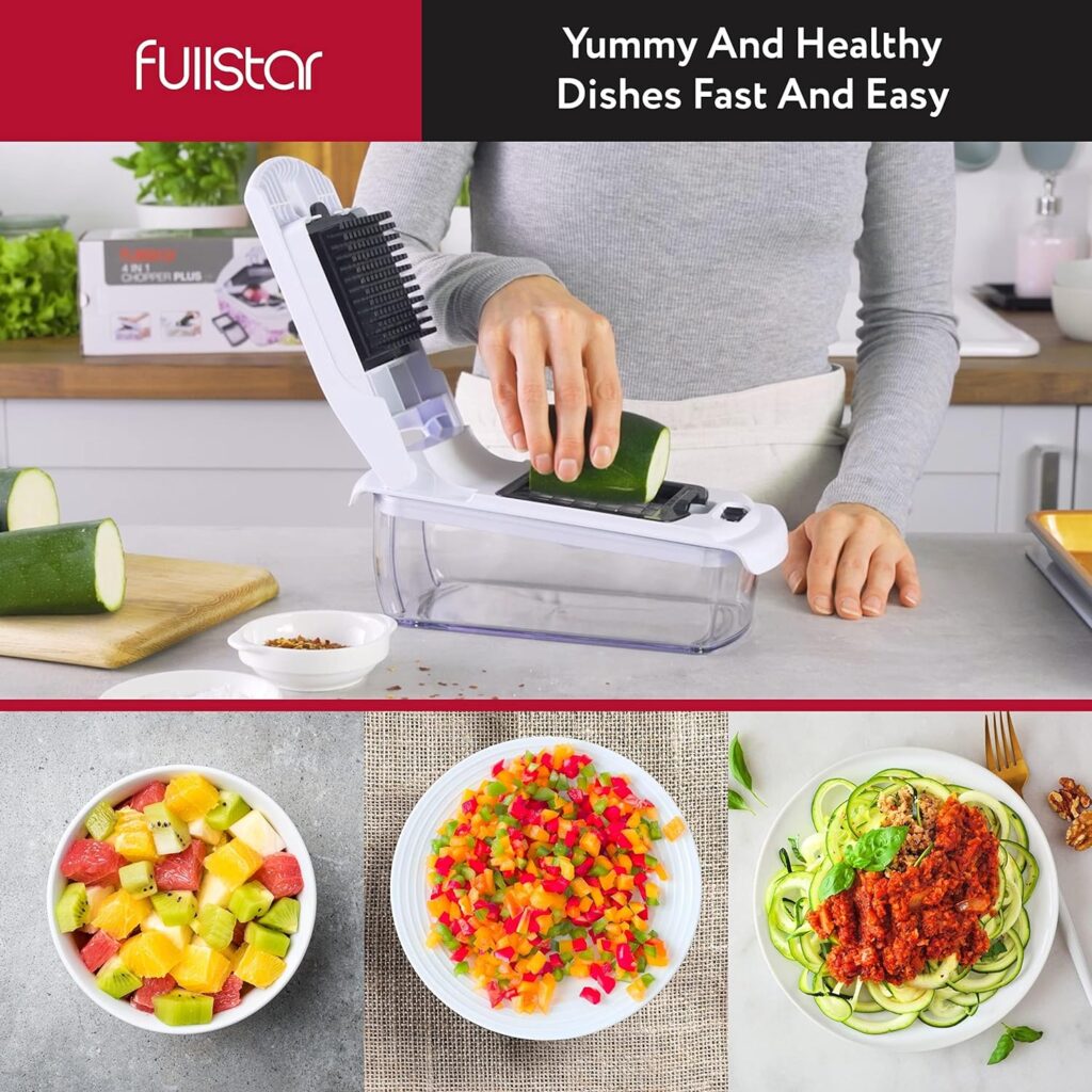 Fullstar Vegetable Chopper - Spiralizer Vegetable Slicer - Onion Chopper with Container - Pro Food Chopper - Slicer Dicer Cutter - (9 in 1, White)