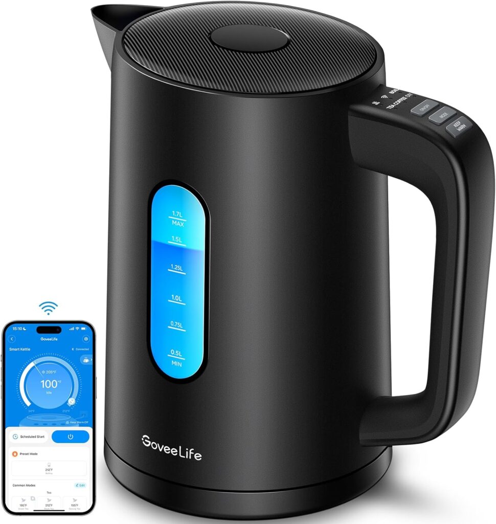 GoveeLife Smart Electric Kettle Temperature Control 1.7L, WiFi Electric Tea Kettle with LED Indicator Lights, 1500W Rapid Boil, 2H Keep Warm, BPA Free, 4 Presets Hot Water Boiler for Tea, Coffee