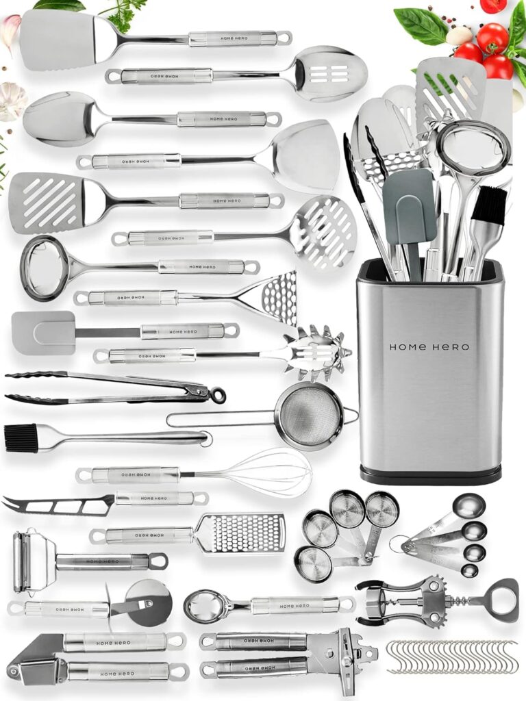 Home Hero 54 Pcs Stainless Steel Kitchen Utensils Set - Cooking Utensils Set  Spatula - First Home Essentials Utensil Sets - Household Essentials Kitchen Gadgets (54 Pcs Set with Utensils Holder)