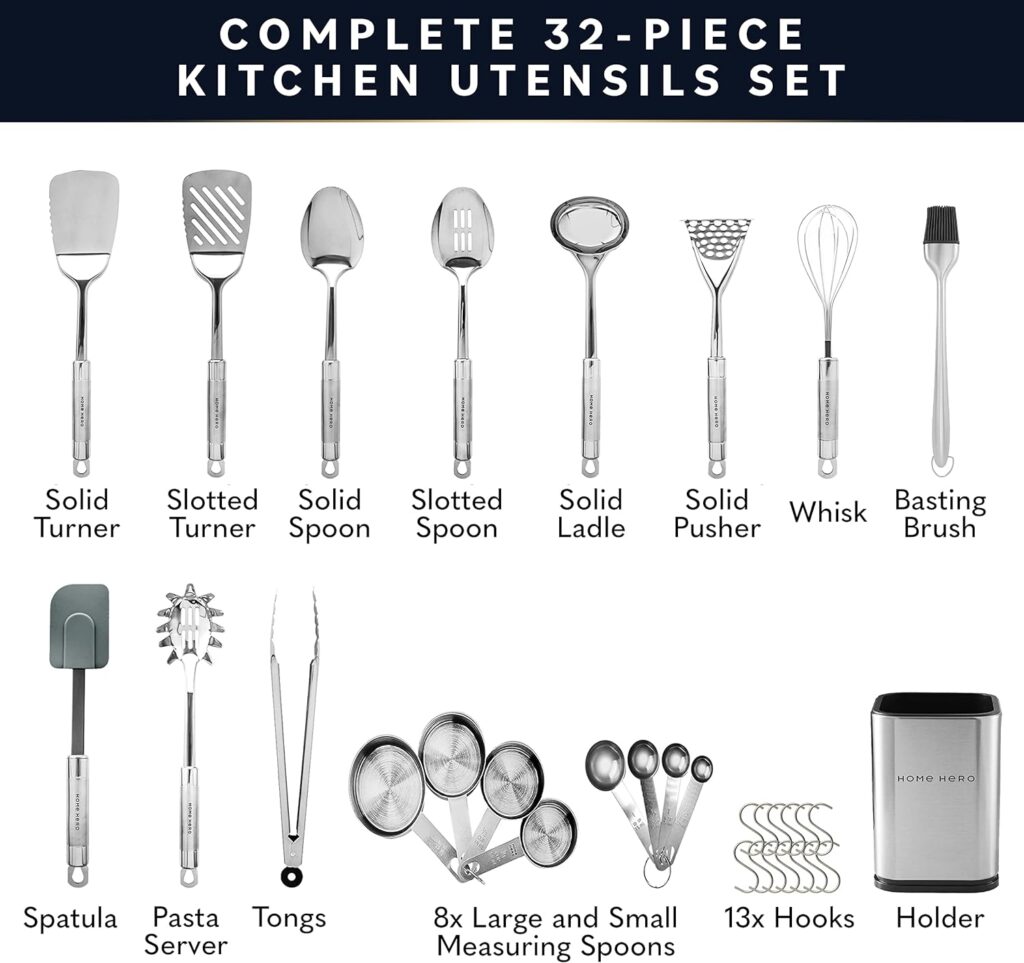 Home Hero 54 Pcs Stainless Steel Kitchen Utensils Set - Cooking Utensils Set  Spatula - First Home Essentials Utensil Sets - Household Essentials Kitchen Gadgets (54 Pcs Set with Utensils Holder)