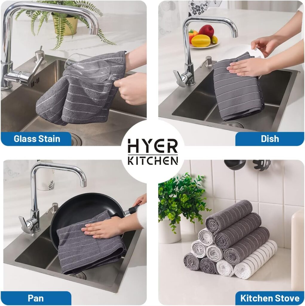 HYER KITCHEN Microfiber Kitchen Towels, Stripe Designed, Super Soft and Absorbent Dish Towels, Pack of 8, 18 x 26 Inch, Gray and White