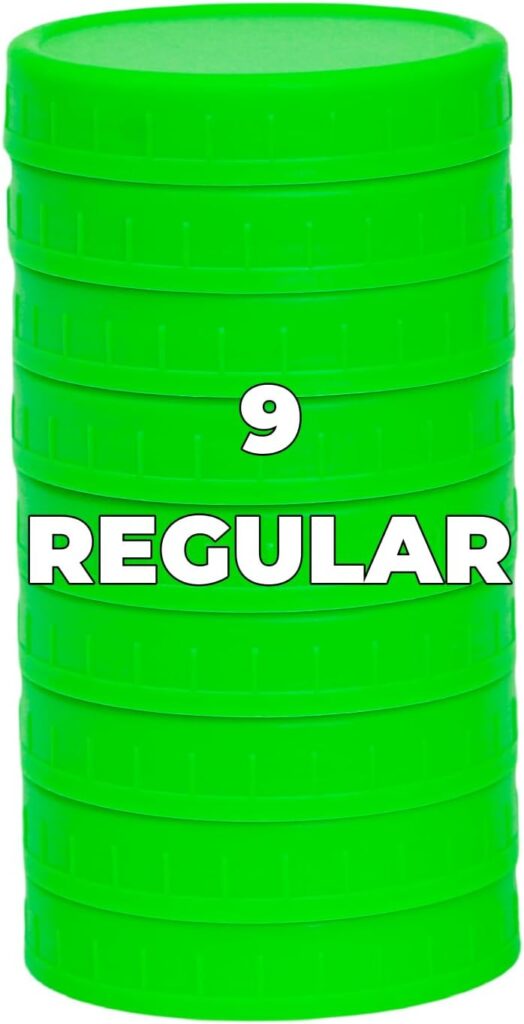 Jumterlee 9 Pack Green Regular Mouth Mason Jar Lids with Silicone Rings,9 Color to Choose, Plastic Mason Jar Lids,Plastic Canning Lids, Fit Ball,Kerr and More (Green)