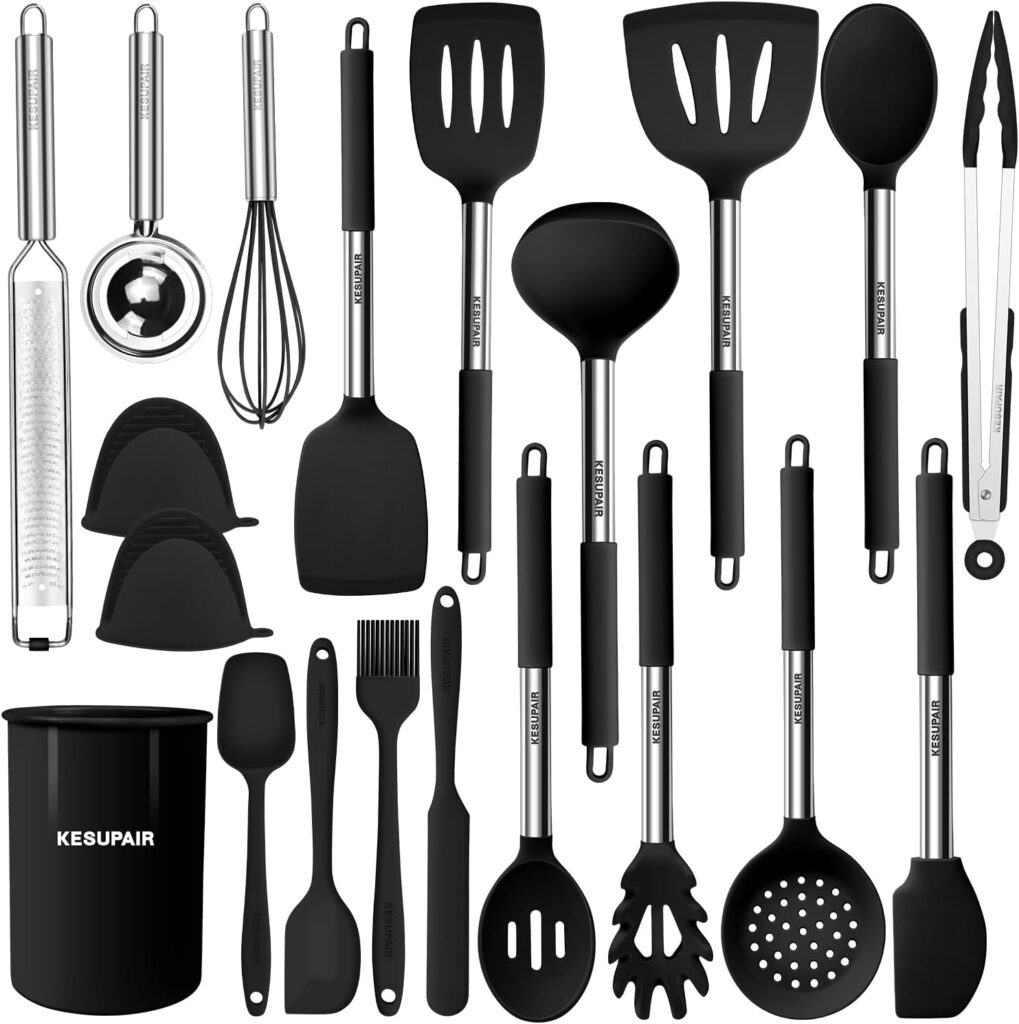 Kesupair Silicone Kitchen Utensils Set, 20 pcs Cooking Utensils Set-Cooking Utensil - Kitchen Gadgets and Tools with Holder-Stainless Steel Kitchen Utensil with Grater,Turner,Tongs (Black)