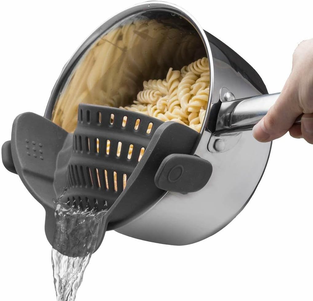 Kitchen Gizmo Snap N Strain - Silicone Clip-On Colander, Heat Resistant Drainer for Vegetables and Pasta Noodles, Kitchen Gadgets for Bowl, Pots, and Pans - Essential Home Cooking Tools - Grey