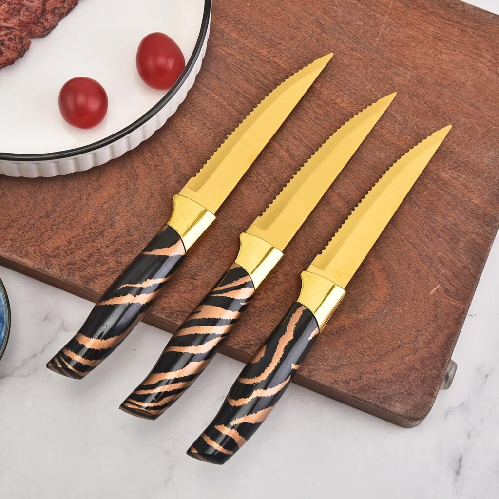 Kitchen Knife Set Non Stick Knives with Block, Serrated Steak Knife, Chef Knife, Bread Knife, Scissors, Sharpener, 14Pcs Stainless Steel Ultra-Sharp Cutlery Block Sets with Titanium Coated Blade