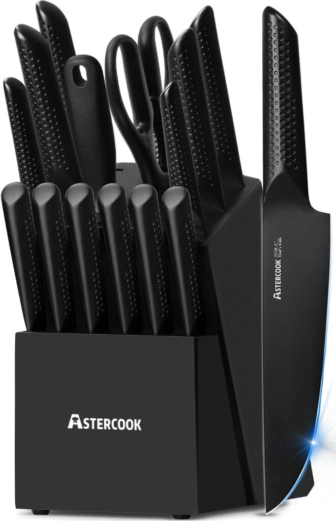 Knife Set, 15 Pieces Chef Knife Set with Block for Kitchen, German Stainless Steel Knife Block Set, Dishwasher Safe, Elegant Black