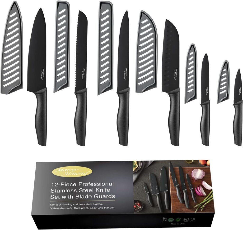 Knife Set with Block, Marco Almond 14 Piece Rainbow Titanium Knife Block Set, KYA25 Cooking Steak Knives set with Black Handle, Chef Knife Sets for Kitchen with Block