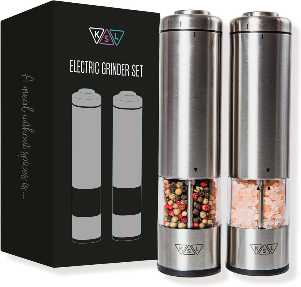 KSL Electric Salt and Pepper Grinder Set - Adjustable Motorized Auto Shakers with Battery Power - Holiday Gift Idea