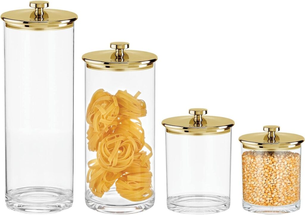 mDesign Airtight Apothecary Storage Organizer Canister Jars - Acrylic Containers for Kitchen, Organization Holder for Pantry, Counter, and Cupboards, Lumiere Collection - Set of 4 - Clear/Soft Brass