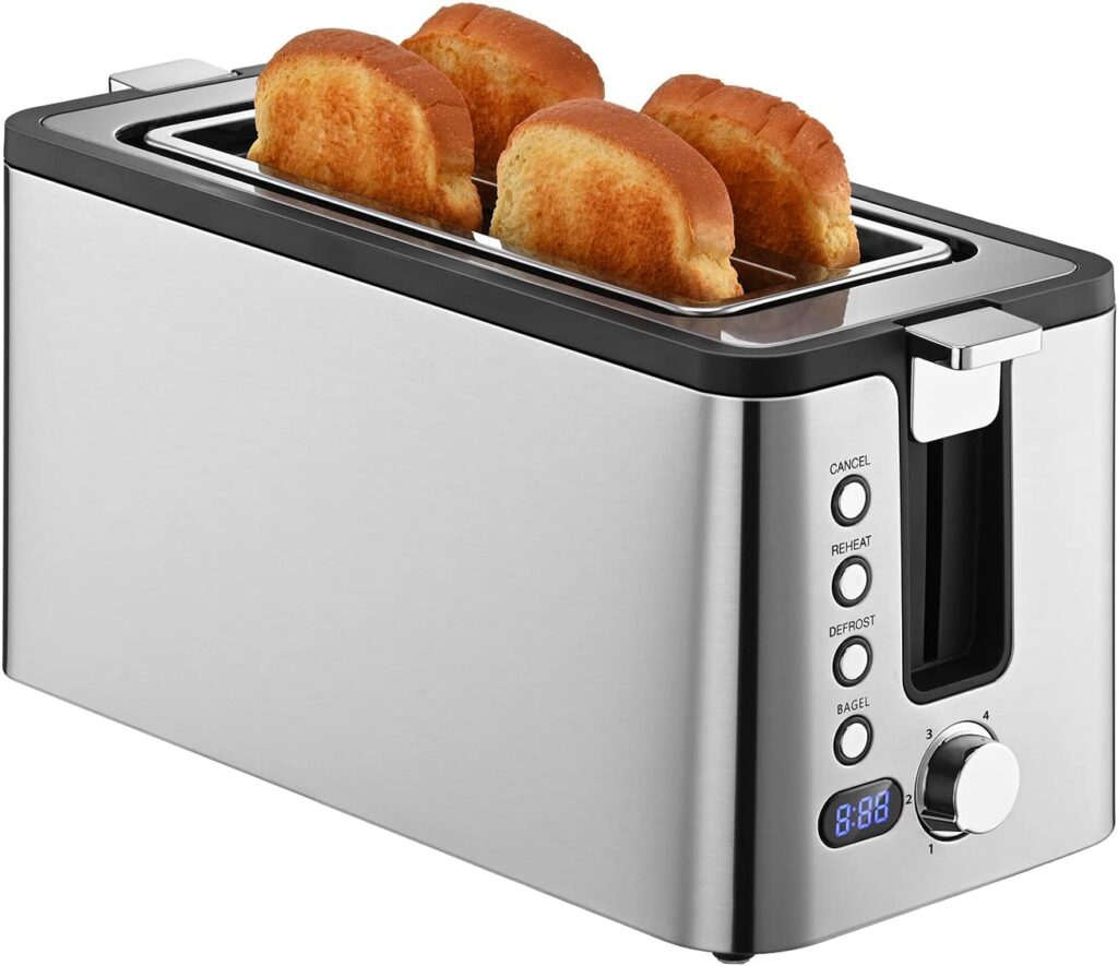 Mecity 4 Slice Toaster, Long Slot Toaster With Countdown Timer, Bagel/Defrost/Reheat/Cancel Functions,Warming Rack, Removable Tray, 6 Browning Settings, Extra Wide Slots, Stainless Steel, 1300W