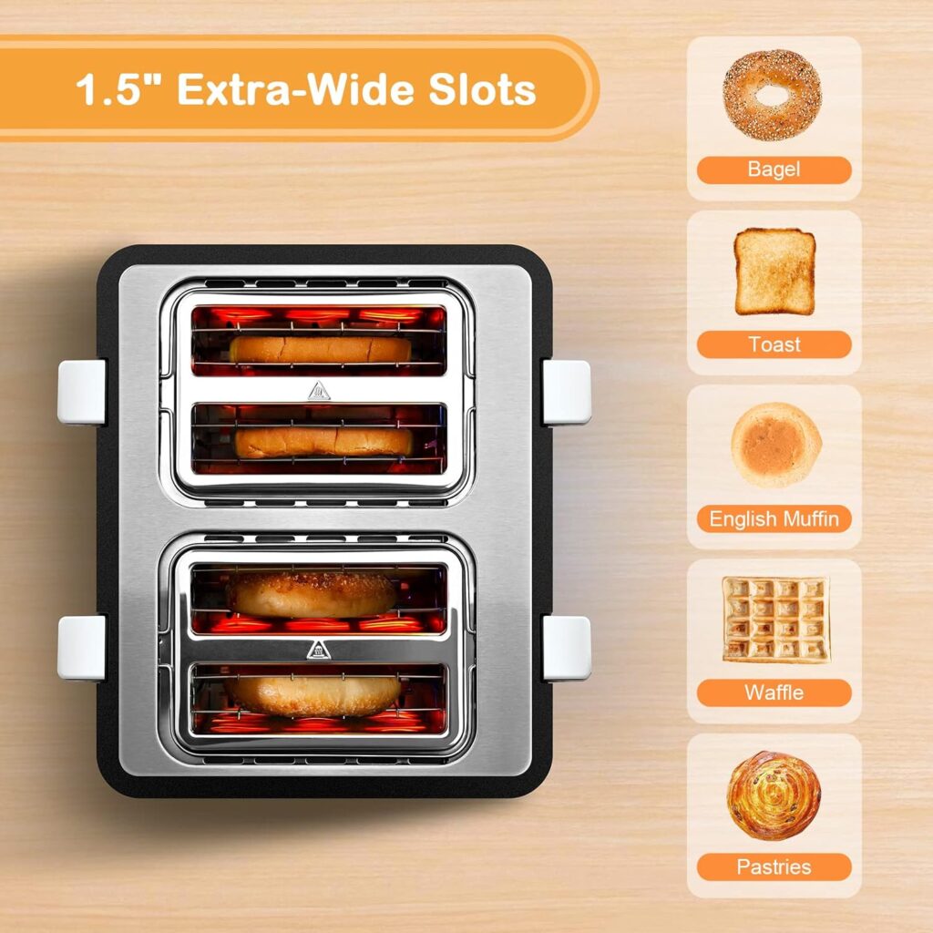 Mecity 4 Slice Toaster, Long Slot Toaster With Countdown Timer, Bagel/Defrost/Reheat/Cancel Functions,Warming Rack, Removable Tray, 6 Browning Settings, Extra Wide Slots, Stainless Steel, 1300W