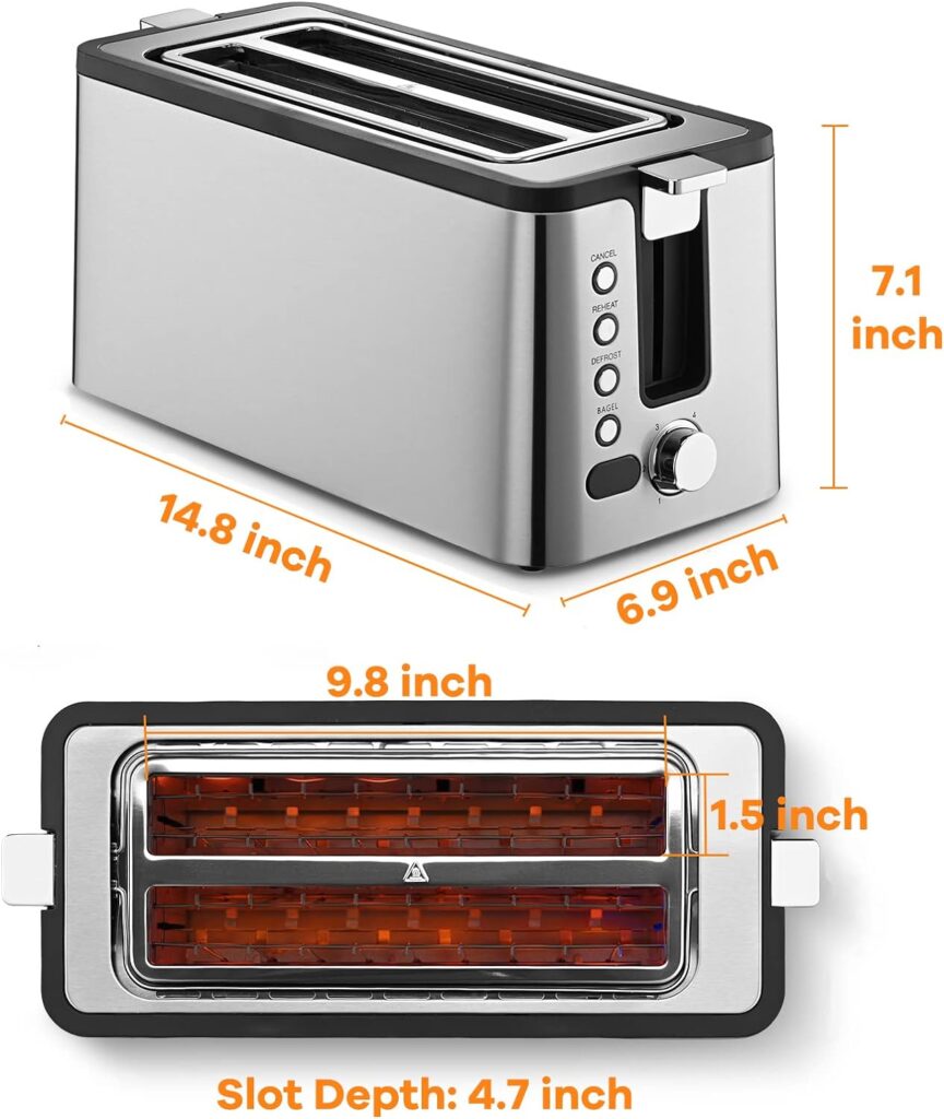 Mecity 4 Slice Toaster, Long Slot Toaster With Countdown Timer, Bagel/Defrost/Reheat/Cancel Functions,Warming Rack, Removable Tray, 6 Browning Settings, Extra Wide Slots, Stainless Steel, 1300W