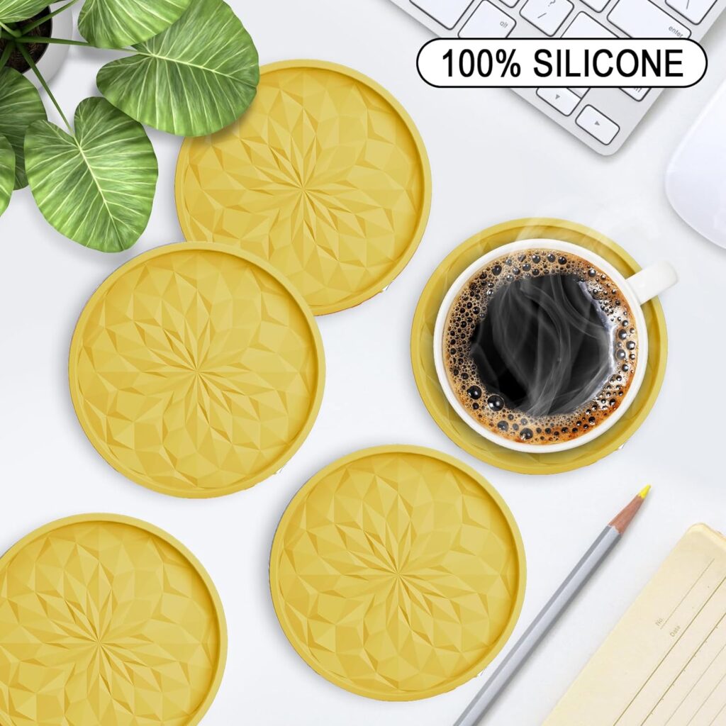 ME.FAN Silicone Coasters [6 Pack] Coasters with Holder - Drinking Coasters - Cup Mat for Drinks - Live for Hot or Cold Drink Thickened, Non-Slip, Non-stick, Deep Tray Black