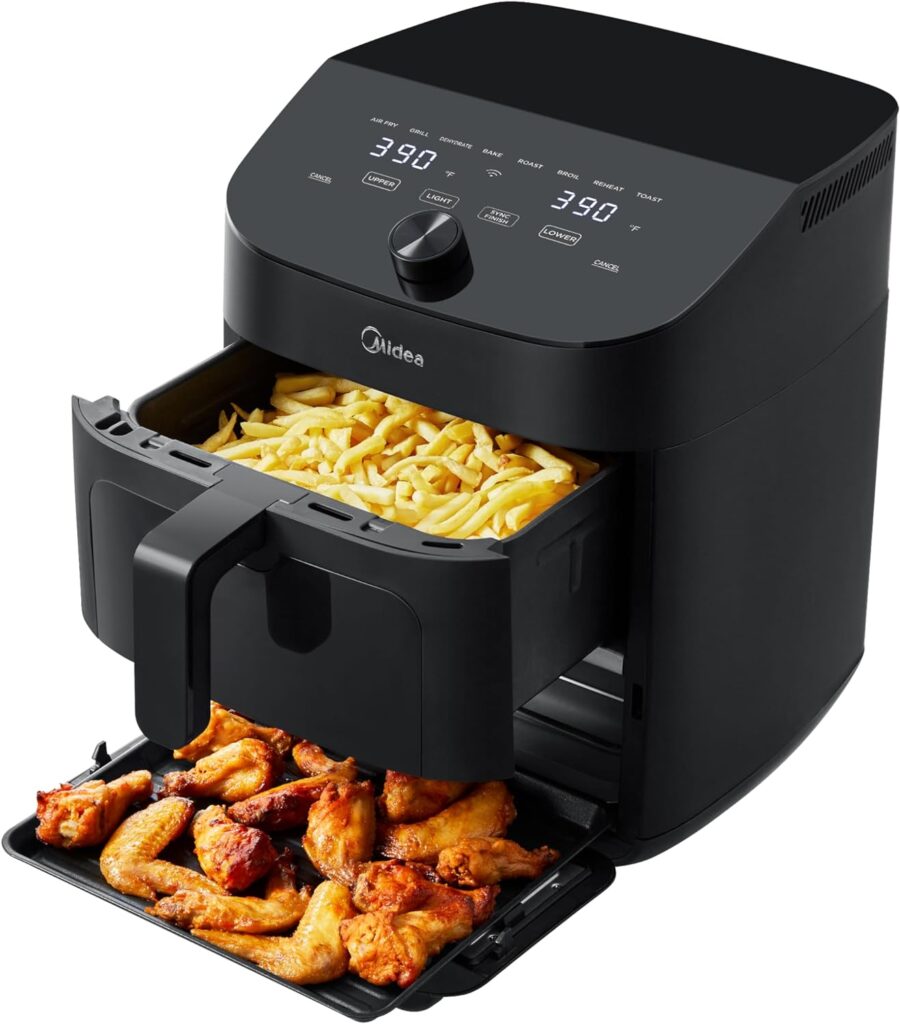 Midea 8 in 1 Dual Air Fryer 11 Quart with 2 Independent Frying Baskets Large Capacity Clear Windows, Smart Sync Finish, 3 Heating Tubes, Wi-Fi Connectivity  50+ App Recipes For Family-Sized Meals, Bake, GrillMore