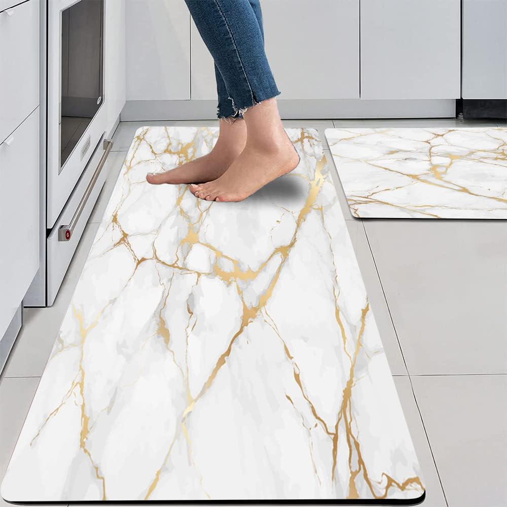 Mrcrypos Gold White Kitchen Rugs Cushioned Anti Fatigue 2 Piece Set Marble Kitchen Mats PVC Waterproof Leather Runner Rug Non Slip Floor Comfort Mat for Kitchen Sink Laundry Office 17x29+17x47