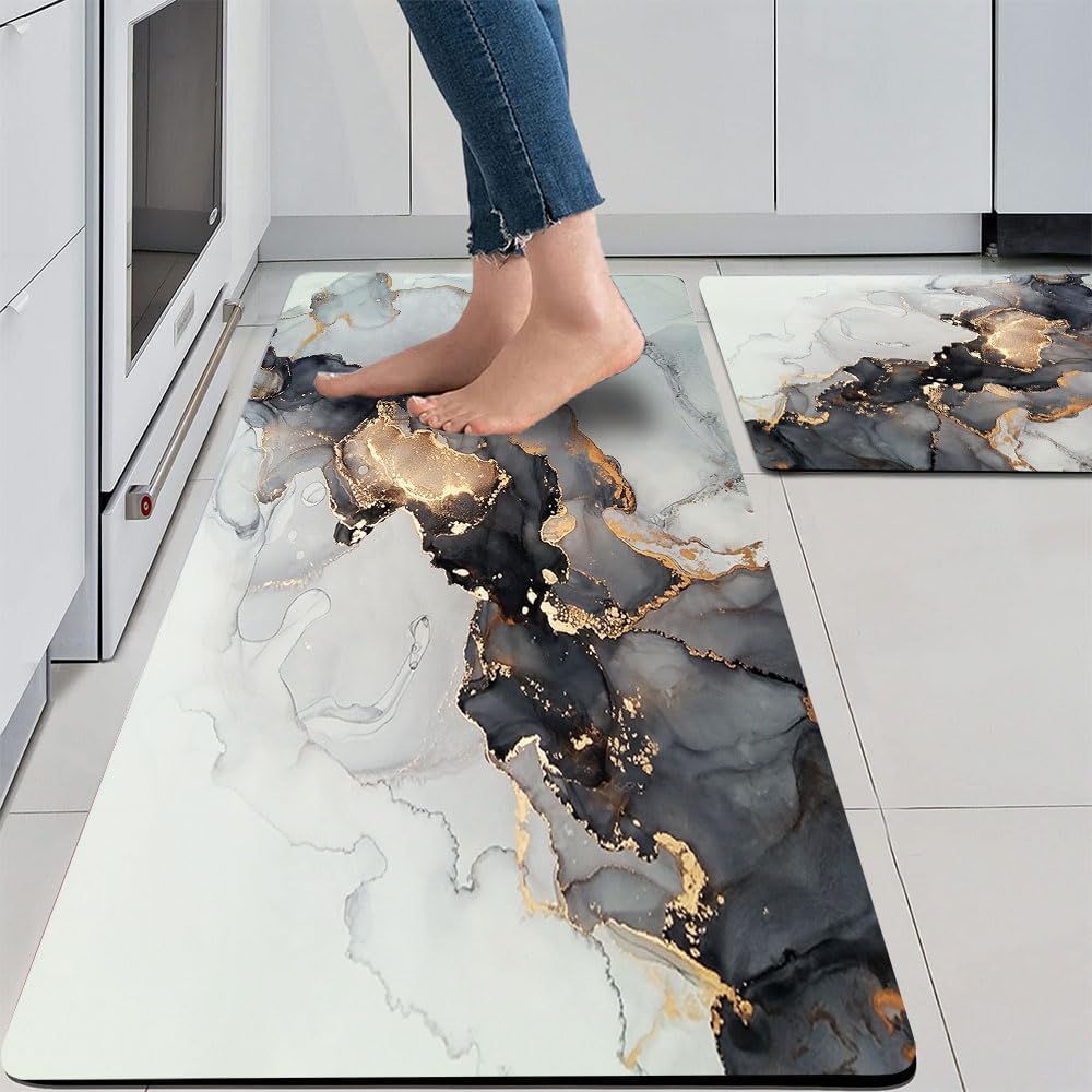 Mrcrypos Gold White Kitchen Rugs Cushioned Anti Fatigue 2 Piece Set Marble Kitchen Mats PVC Waterproof Leather Runner Rug Non Slip Floor Comfort Mat for Kitchen Sink Laundry Office 17x29+17x47