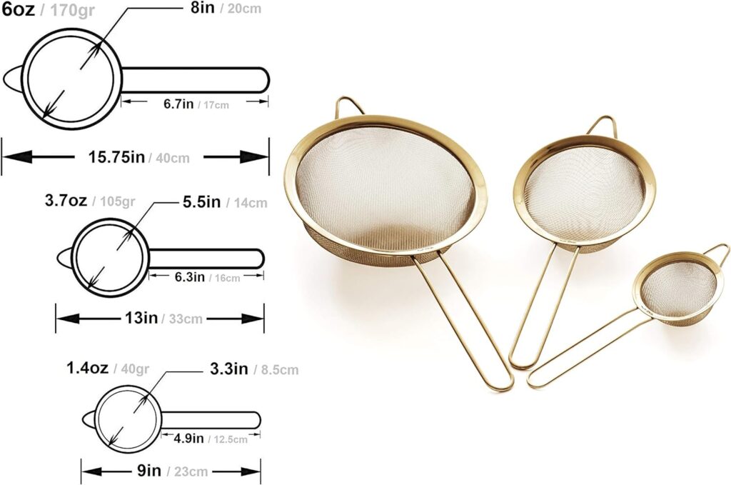 Proto Future Strainer Set Fine Mesh – Premium 304 Stainless Steel (18/8) – 3.3″, 5.5″ and 8″ Sturdy Kitchen Strainers (Gold)