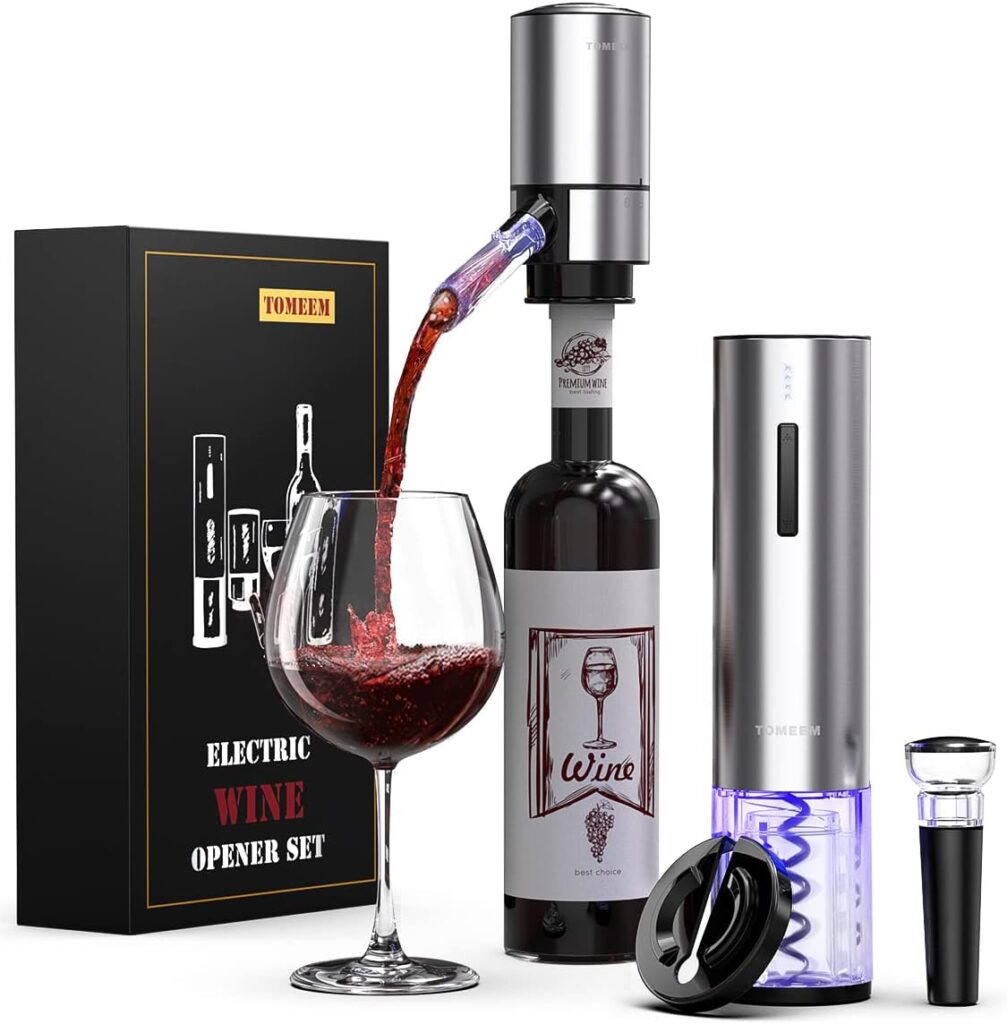 Rechargeable Electric Wine Gift Set - Aerator, Vacuum Stoppers, Foil Cutter and Bottle Opener for Home Bar and Outdoor Parties