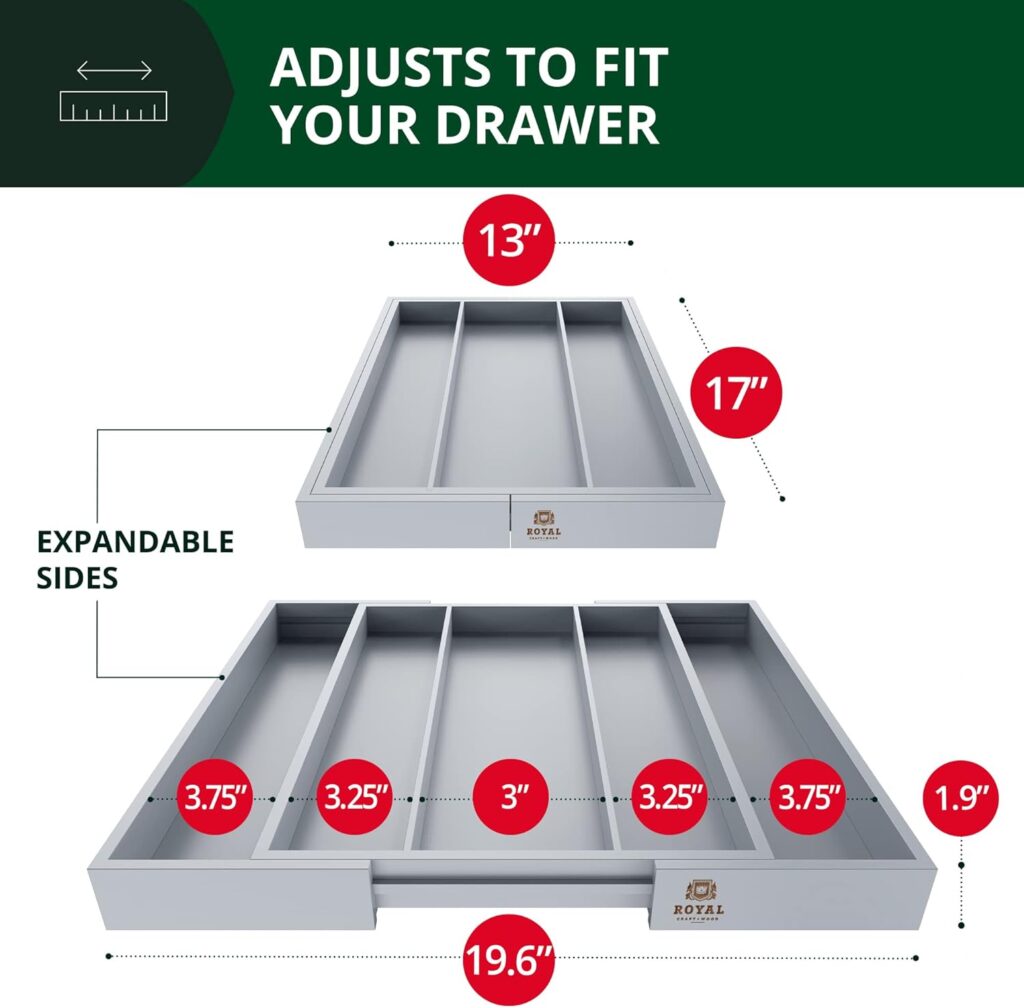 ROYAL CRAFT WOOD Luxury Bamboo Kitchen Drawer Organizer and Expandable Utensil Organizer, Silverware Holder and Cutlery Tray for Kitchen Organization, 19.6 x17, Natural