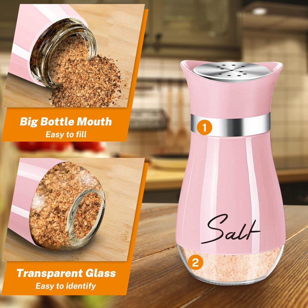 Salt and Pepper Shakers Set,4 oz Glass Bottom Salt Pepper Shaker with Stainless Steel Lid for Kitchen Cooking Table, RV, Camp,BBQ Refillable Design (Pink)