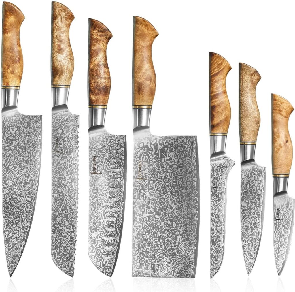 SENKEN 7-Piece Damascus Kitchen Knife Set - Dynasty Collection - 67-Layer Japanese VG10 Steel with Sycamore Wood Handles, Chefs Knife, Cleaver Knife, Bread, Santoku, Boning,  More, Luxury Gift Box