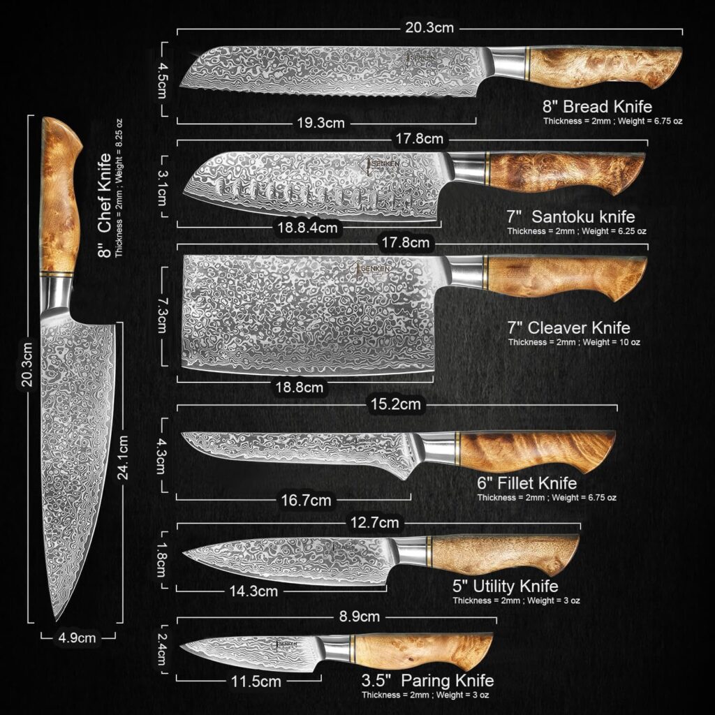 SENKEN 7-Piece Damascus Kitchen Knife Set - Dynasty Collection - 67-Layer Japanese VG10 Steel with Sycamore Wood Handles, Chefs Knife, Cleaver Knife, Bread, Santoku, Boning,  More, Luxury Gift Box