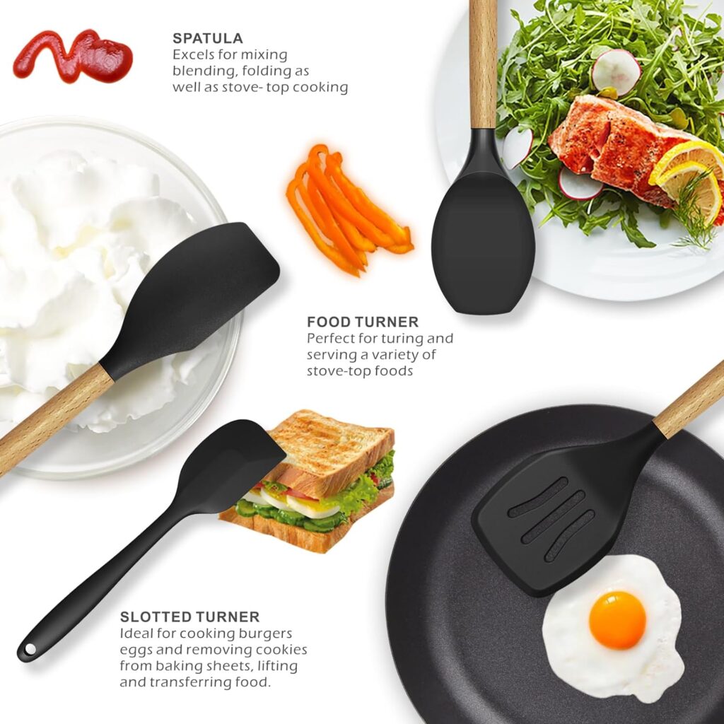 Silicone Cooking Utensils Set - 446°F Heat Resistant Silicone Kitchen Utensils for Cooking,Kitchen Utensil Spatula Set w Wooden Handles and Holder, BPA FREE Gadgets for Non-Stick Cookware (Khaki)