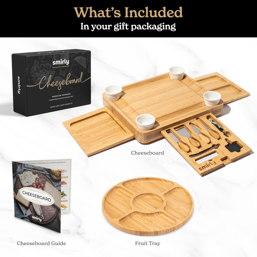 SMIRLY Charcuterie Boards Gift Set: Large Charcuterie Board Set, Bamboo Cheese Board Set - Unique Christmas Gifts for Women - House Warming Gifts New Home, Wedding Gifts for Couple, Bridal Shower Gift