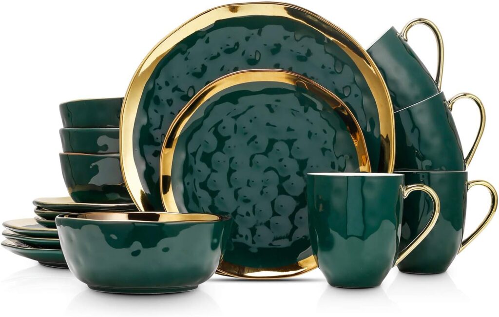 Stone Lain Porcelain 16 Piece Dinnerware Set, Service for 4, Green and Golden Rim