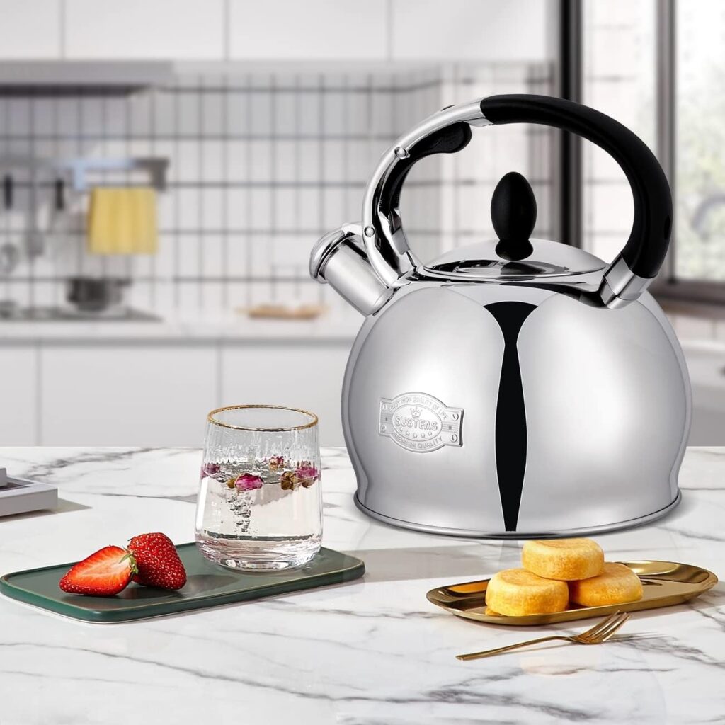 SUSTEAS Stove Top Whistling Tea Kettle-Surgical Stainless Steel Teakettle Teapot with Cool Touch Ergonomic Handle,1 Free Silicone Pinch Mitt Included,2.64 Quart(WHITE)