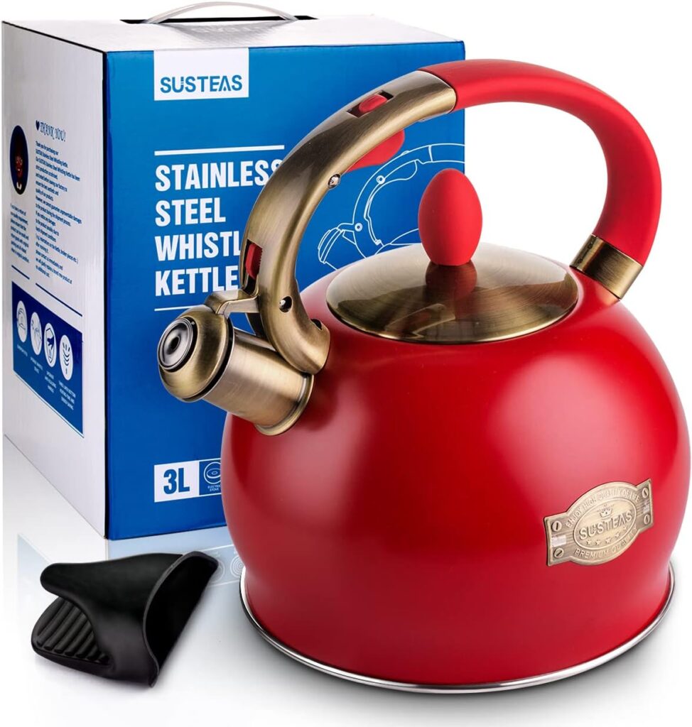 SUSTEAS Stove Top Whistling Tea Kettle-Surgical Stainless Steel Teakettle Teapot with Cool Touch Ergonomic Handle,1 Free Silicone Pinch Mitt Included,2.64 Quart(WHITE)