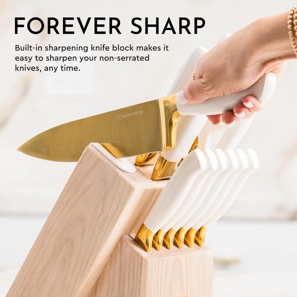 White and Gold Knife Set with Block Self Sharpening - 14 Piece Luxurious Titanium Coated Gold and White Kitchen Knife Set  Ashwood Knife Block with Sharpener - Knife Sets for Kitchen with Block