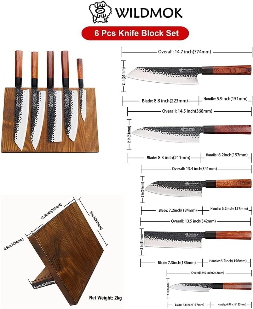 WILDMOK Kitchen Knife Set with Block 6 Pieces Sharp Professional Chef Knife Set 3 Layers 9Cr18MoV Clad Steel Knife Set with Magnetic Knife Block